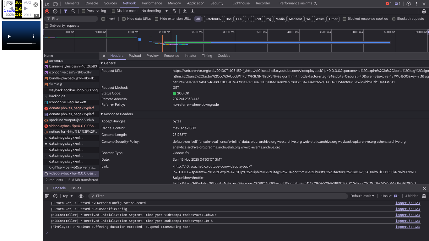 Screenshot of Developer Tools Network tab with videoplayback file highlighted for download