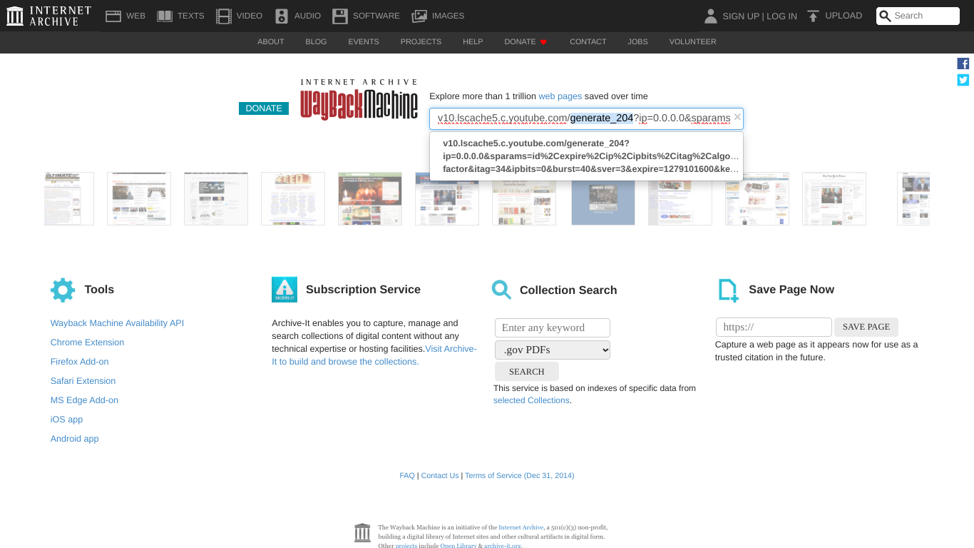 Screenshot of Wayback Machine search bar with generate_204 to videoplayback change