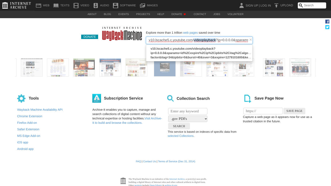 Screenshot of Wayback Machine search bar with modified videoplayback URL