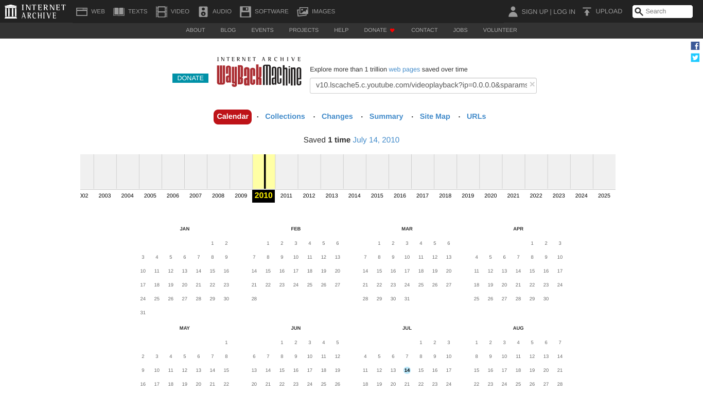Screenshot showing Wayback Machine calendar with an archive date for the videoplayback URL